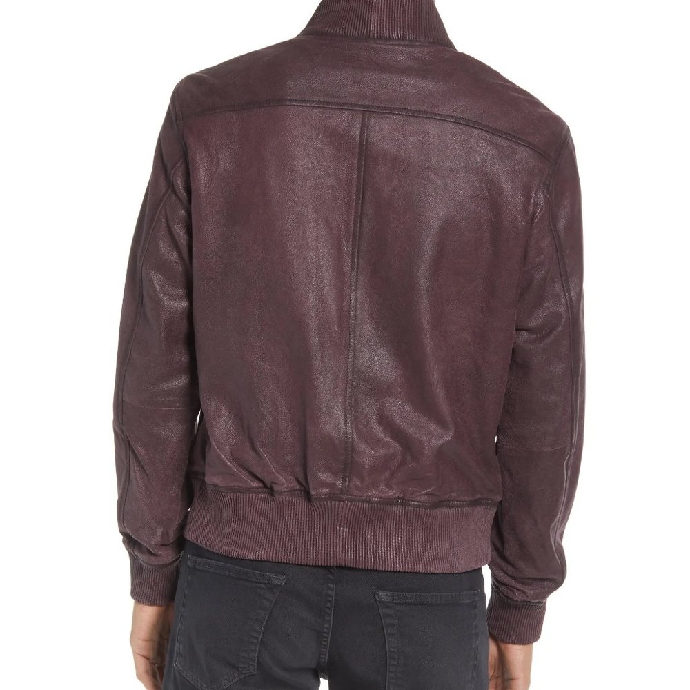John Varvatos Star USA Men's Dani Goatskin Leather Zip Bomber Jacket Bordeaux - Picture 4 of 7